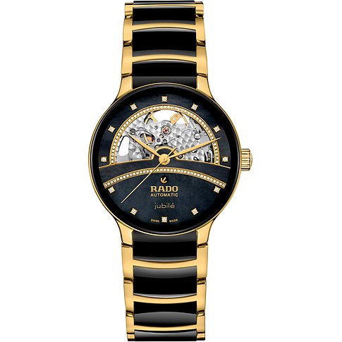 Rado Damenuhr aus Edelstahl mit goldenem Armband mit schwarzen Elementen und transparentem Zifferblatt mit Diamanten.