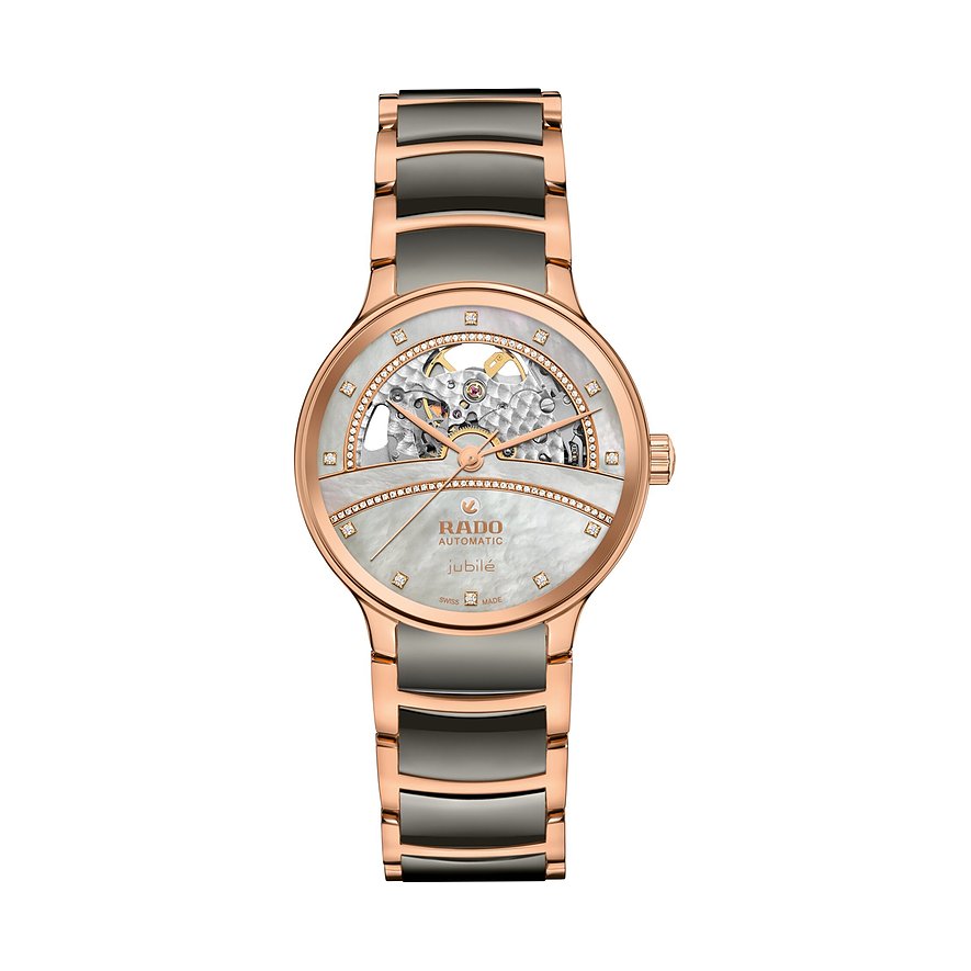 Rado Damenuhr aus roségoldfarbenem Edelstahl mit grauem Band und Diamant-Besatz auf Perlmutt-Zifferblatt.