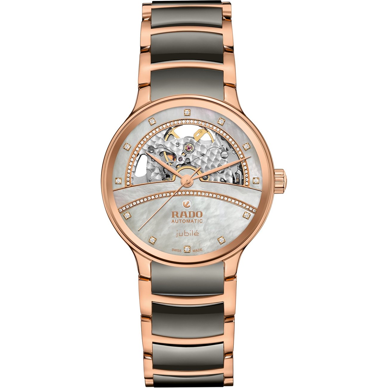 Rado Damenuhr aus roségoldfarbenem Edelstahl mit grauem Band und Diamant-Besatz auf Perlmutt-Zifferblatt.