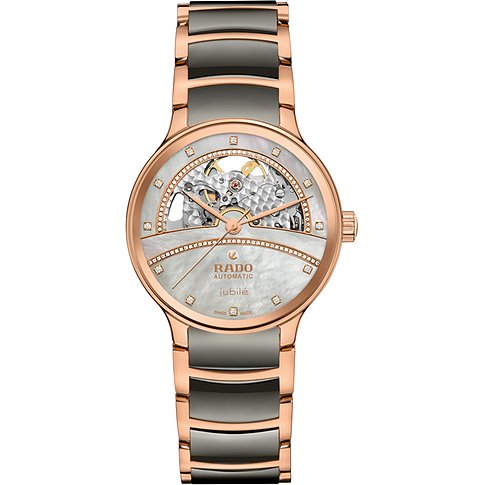 Rado Damenuhr aus roségoldfarbenem Edelstahl mit grauem Band und Diamant-Besatz auf Perlmutt-Zifferblatt.