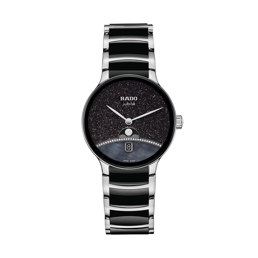 Rado Damenuhr aus Edelstahl mit glitzerndem schwarzem Zifferblatt, Diamanten als Verzierung und schwarzem Armband.