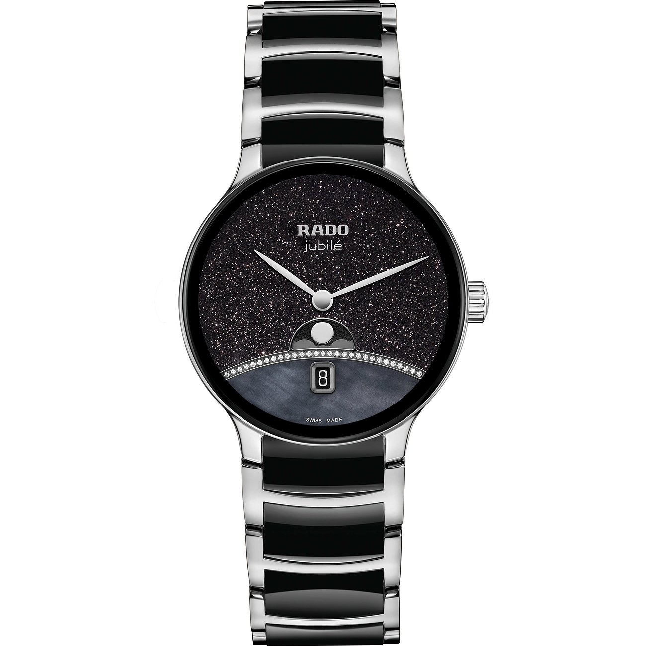 Rado Damenuhr aus Edelstahl mit glitzerndem schwarzem Zifferblatt, Diamanten als Verzierung und schwarzem Armband.