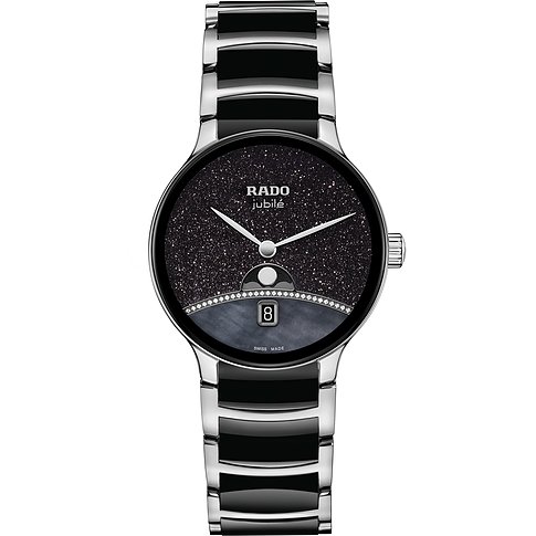 Rado Damenuhr aus Edelstahl mit glitzerndem schwarzem Zifferblatt, Diamanten als Verzierung und schwarzem Armband.