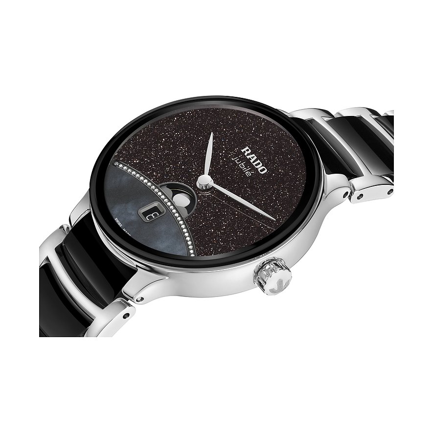 Rado Damenuhr aus Edelstahl mit glitzerndem, schwarzem Zifferblatt, Diamantdetails und Datumsanzeige.