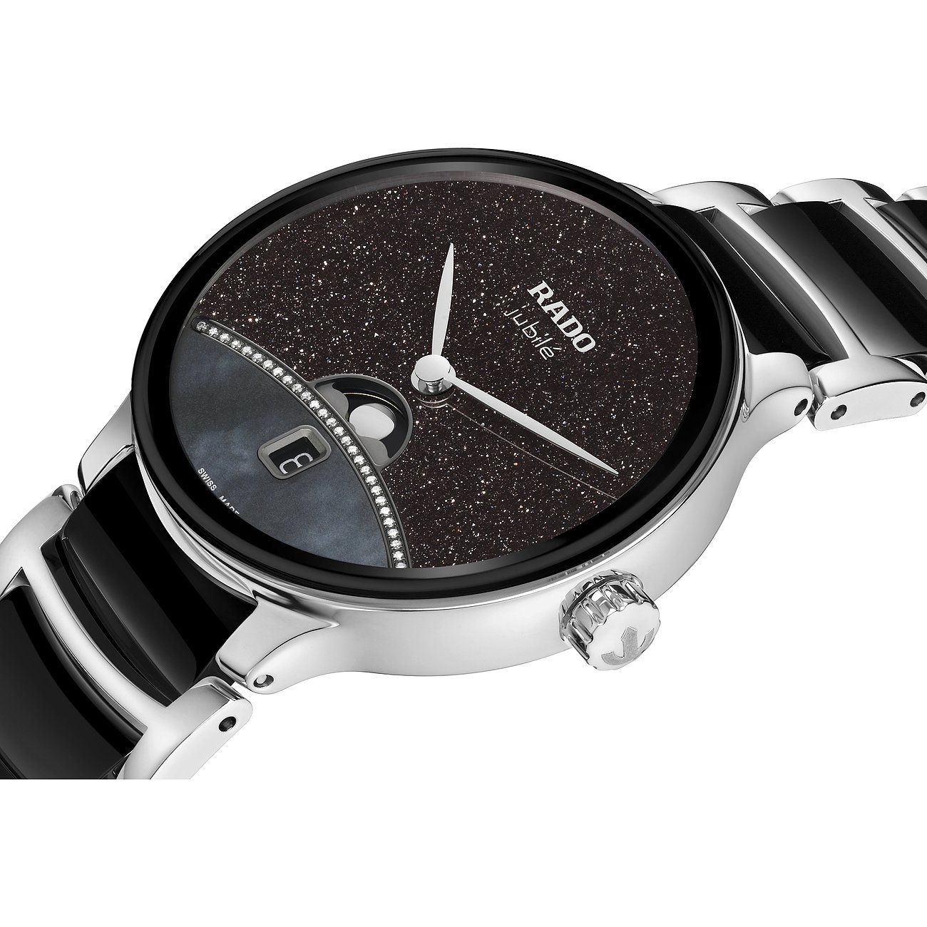 Rado Damenuhr aus Edelstahl mit glitzerndem, schwarzem Zifferblatt, Diamantdetails und Datumsanzeige.