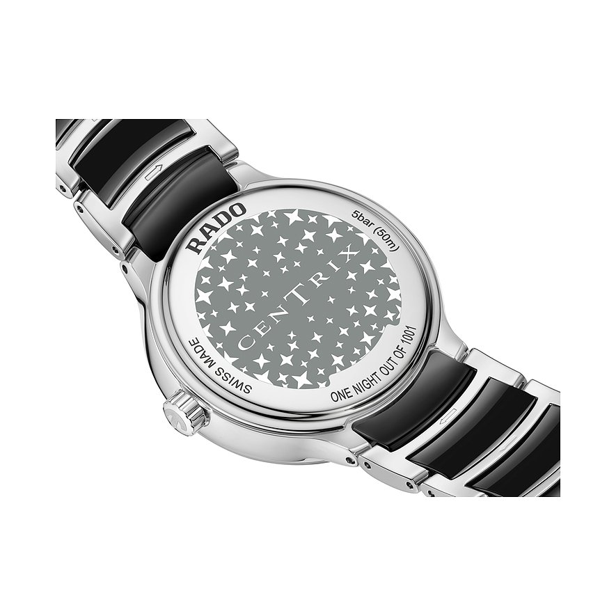 Rado Damenuhr aus Edelstahl mit schwarzem Armband und graviertem Sternenmuster auf der Gehäuserückseite.