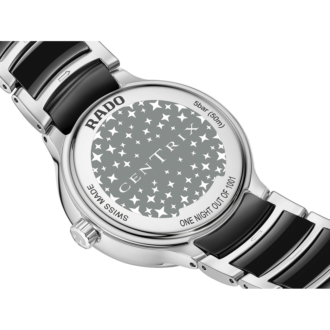 Rado Damenuhr aus Edelstahl mit schwarzem Armband und graviertem Sternenmuster auf der Gehäuserückseite.