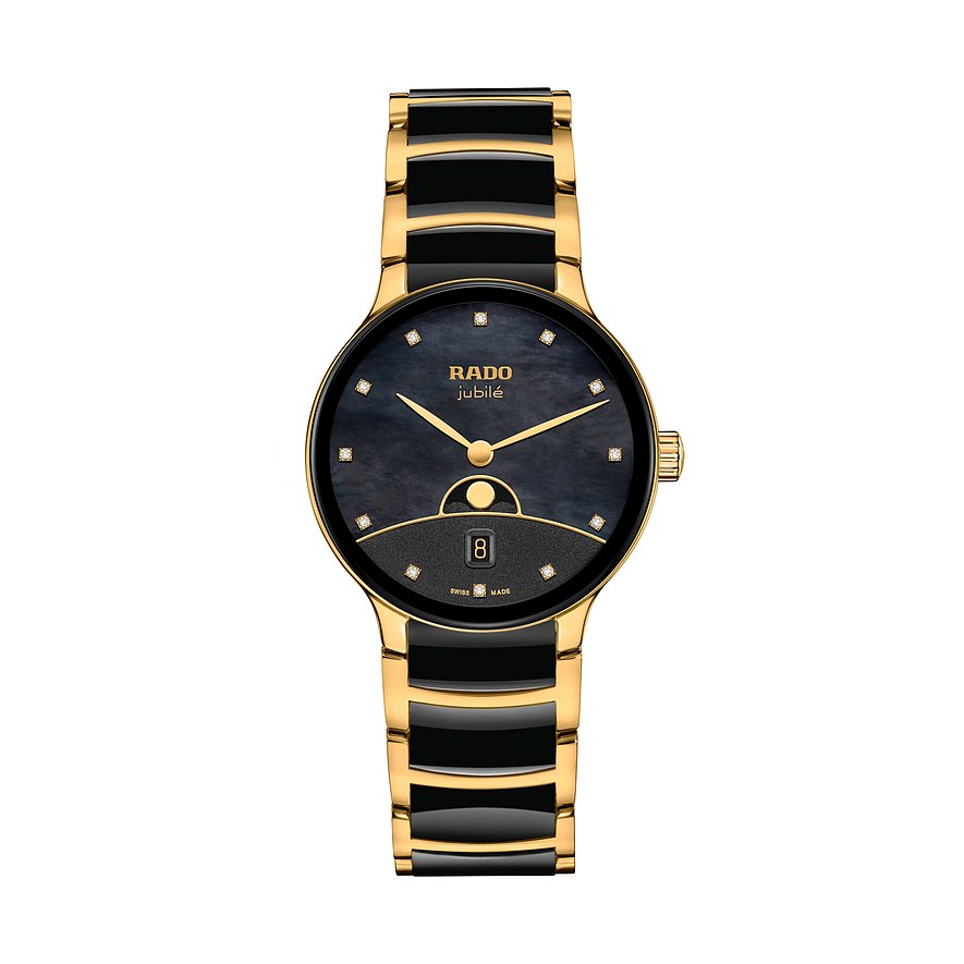 Rado Damenuhr aus goldfarbenem Edelstahl und schwarzer Keramik, mit schwarzem Zifferblatt und Diamanten.