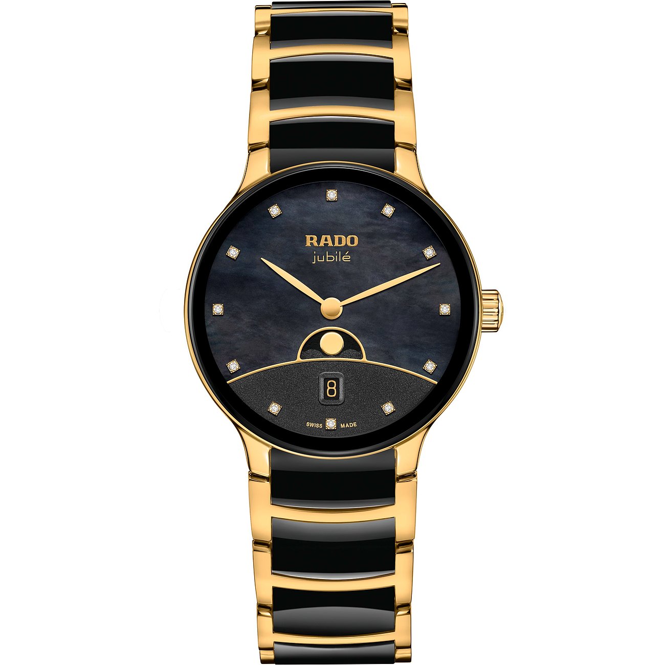 Rado Damenuhr aus goldfarbenem Edelstahl und schwarzer Keramik, mit schwarzem Zifferblatt und Diamanten.