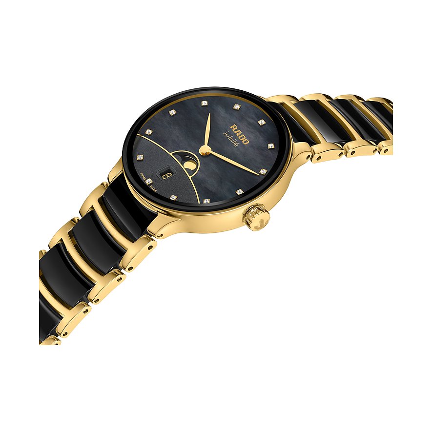 Rado Damenuhr aus goldfarbenem Edelstahl mit schwarzem Armband und Zifferblatt, besetzt mit Diamanten.