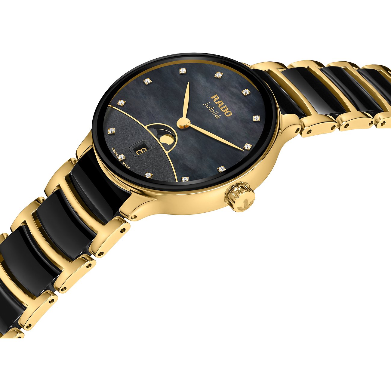 Rado Damenuhr aus goldfarbenem Edelstahl mit schwarzem Armband und Zifferblatt, besetzt mit Diamanten.
