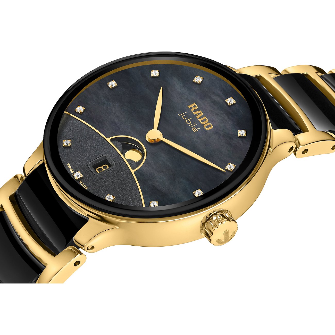 Nahaufnahme einer Rado Damenuhr aus goldfarbenem Edelstahl mit schwarzem Perlmuttzifferblatt und Diamantindizes.