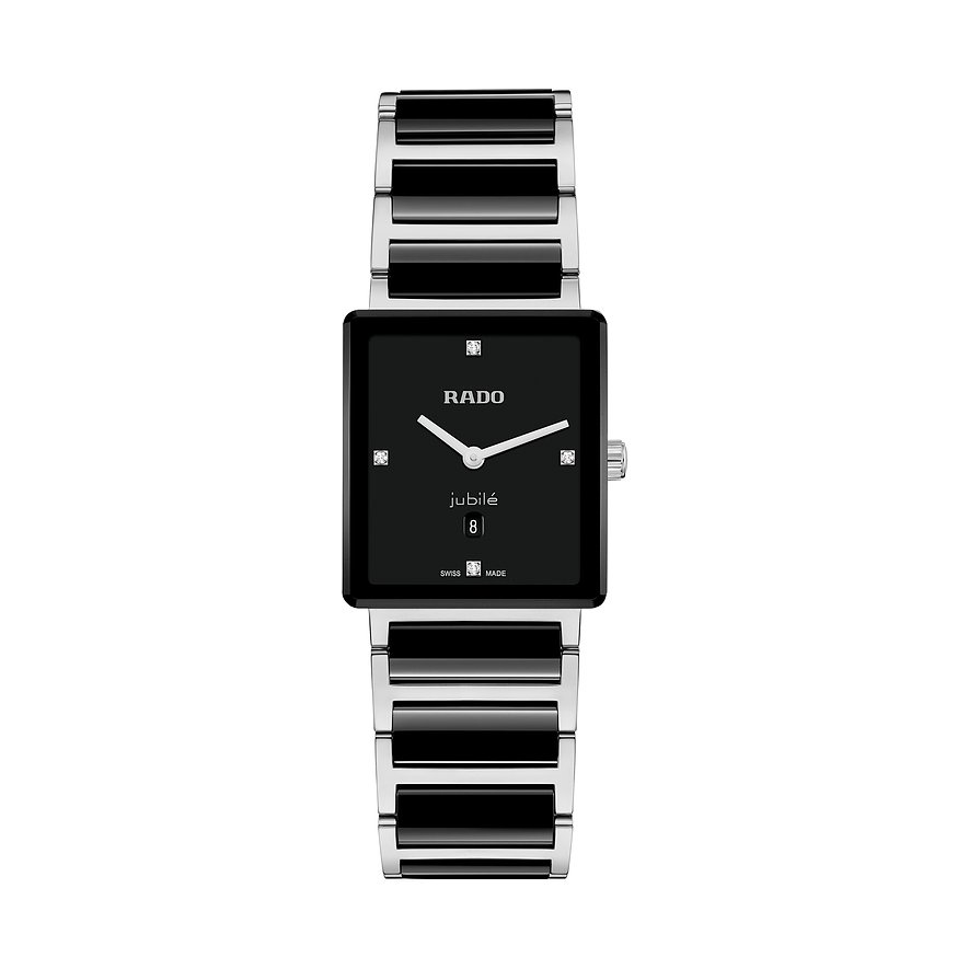 Rado Unisexuhr aus Edelstahl mit quadratischem Zifferblatt und Diamantdetails, flach von oben.