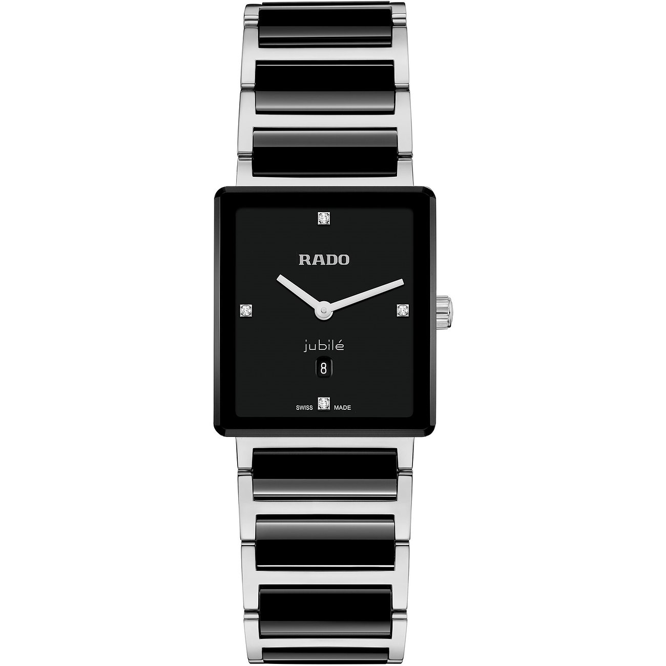 Rado Unisexuhr aus Edelstahl mit quadratischem Zifferblatt und Diamantdetails, flach von oben.