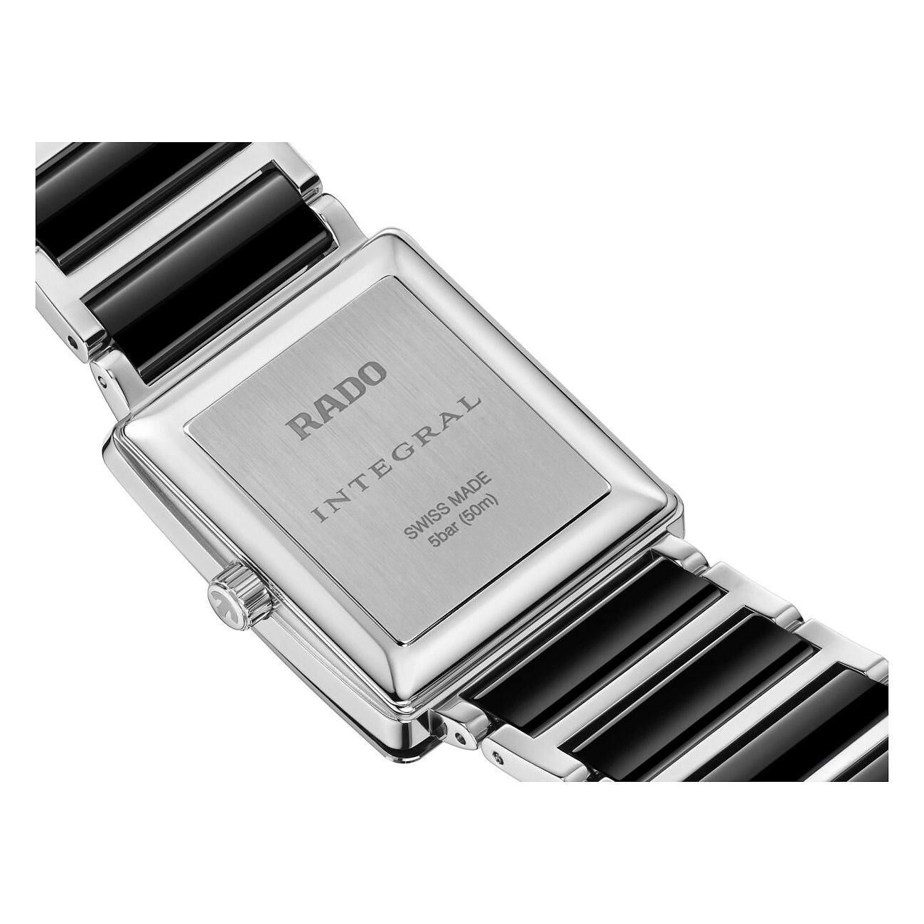 Rado Integral Unisexuhr aus Edelstahl, Rückseite mit graviertem Rado-Logo und “Integral”.