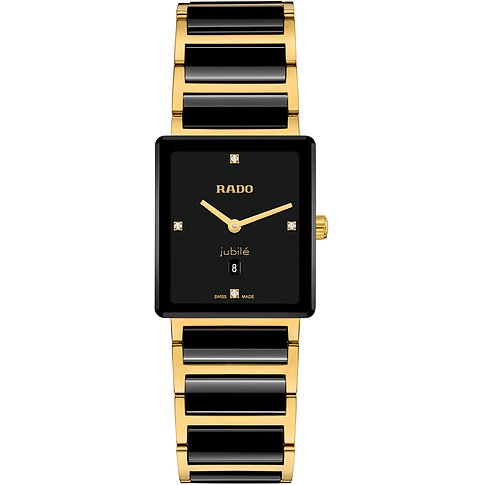 Rado Unisexuhr aus Edelstahl, eckiges schwarzes Zifferblatt, Diamantindizes, Goldzeiger, schwarz-goldenes Armband.