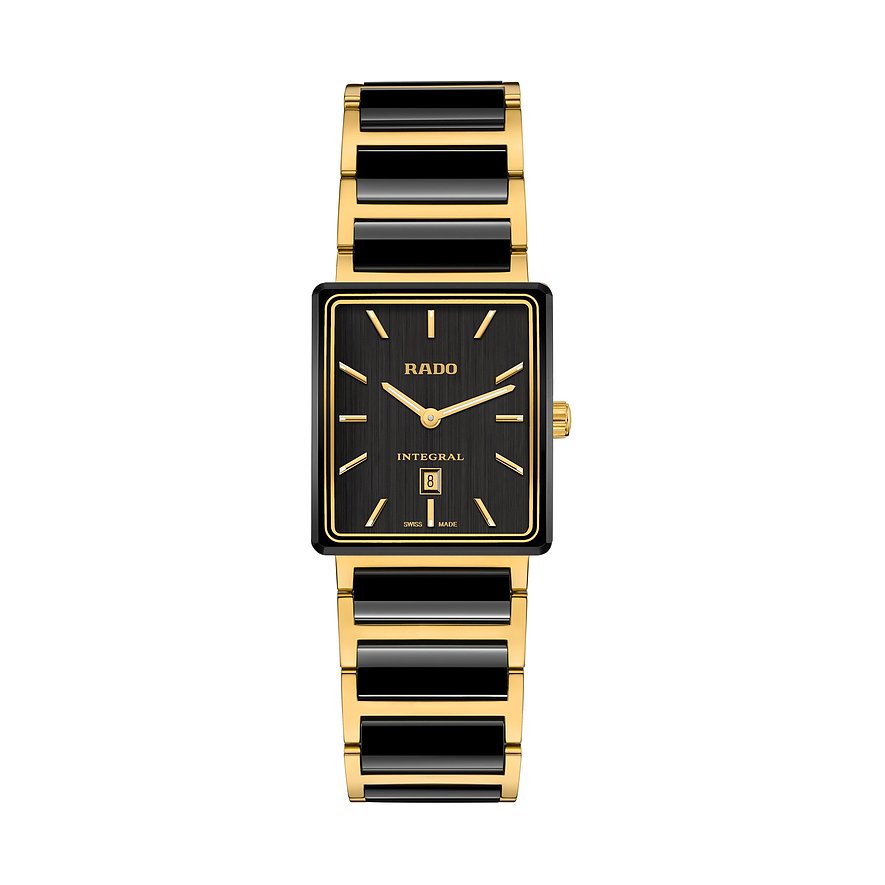 Rado Integral Unisexuhr aus Edelstahl in Gold und Schwarz mit rechteckigem Zifferblatt und Datumsanzeige.