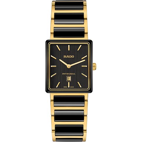 Rado Integral Unisexuhr aus Edelstahl in Gold und Schwarz mit rechteckigem Zifferblatt und Datumsanzeige.