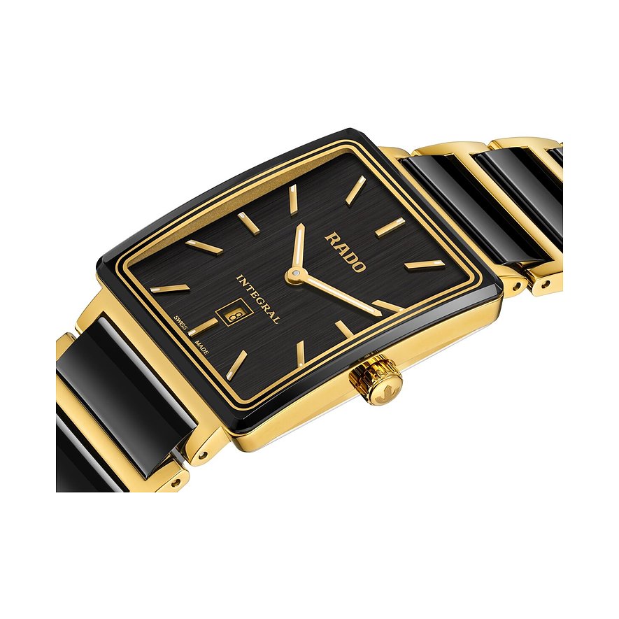 Rado Integral Unisexuhr aus goldenem Edelstahl mit schwarzem Zifferblatt und goldenen Zeigern und Indexen.