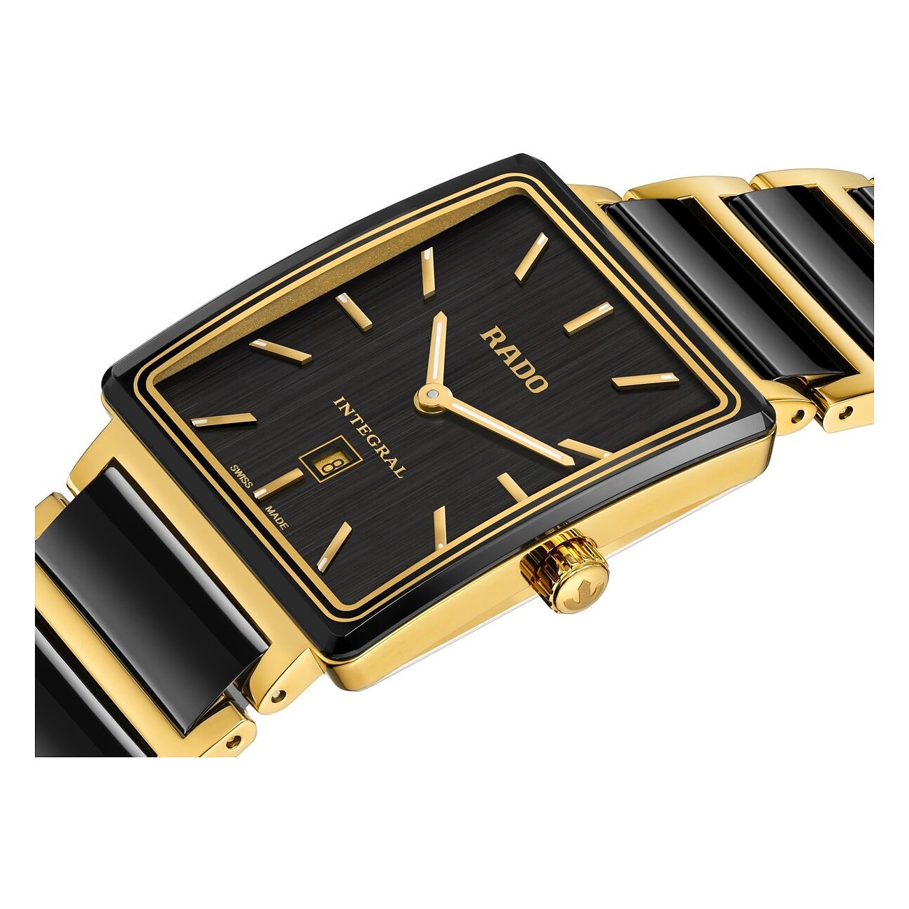 Rado Integral Unisexuhr aus goldenem Edelstahl mit schwarzem Zifferblatt und goldenen Zeigern und Indexen.