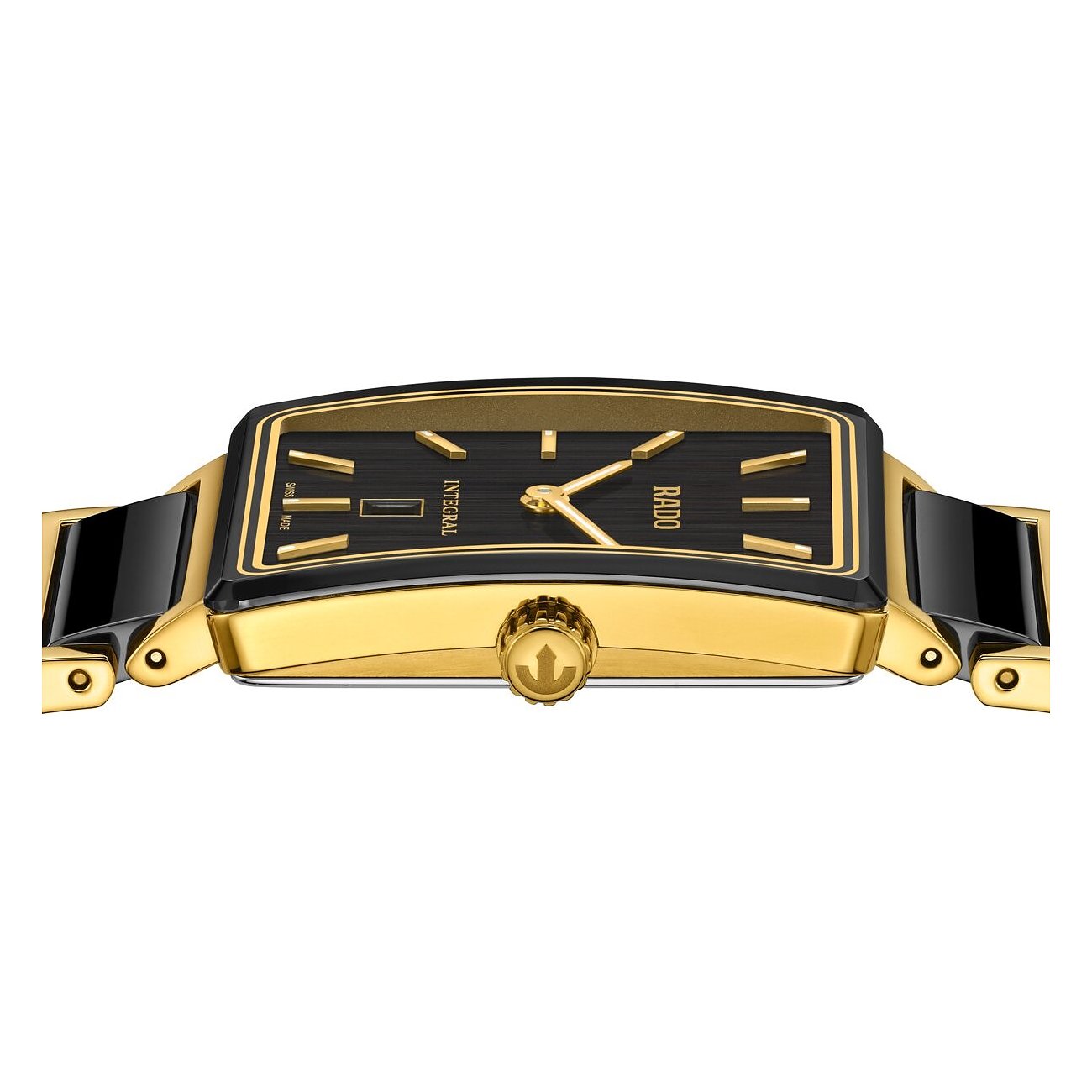 Seitenansicht der Rado Integral Unisexuhr aus goldfarbenem Edelstahl mit schwarzem Uhrarmband und Zifferblatt.