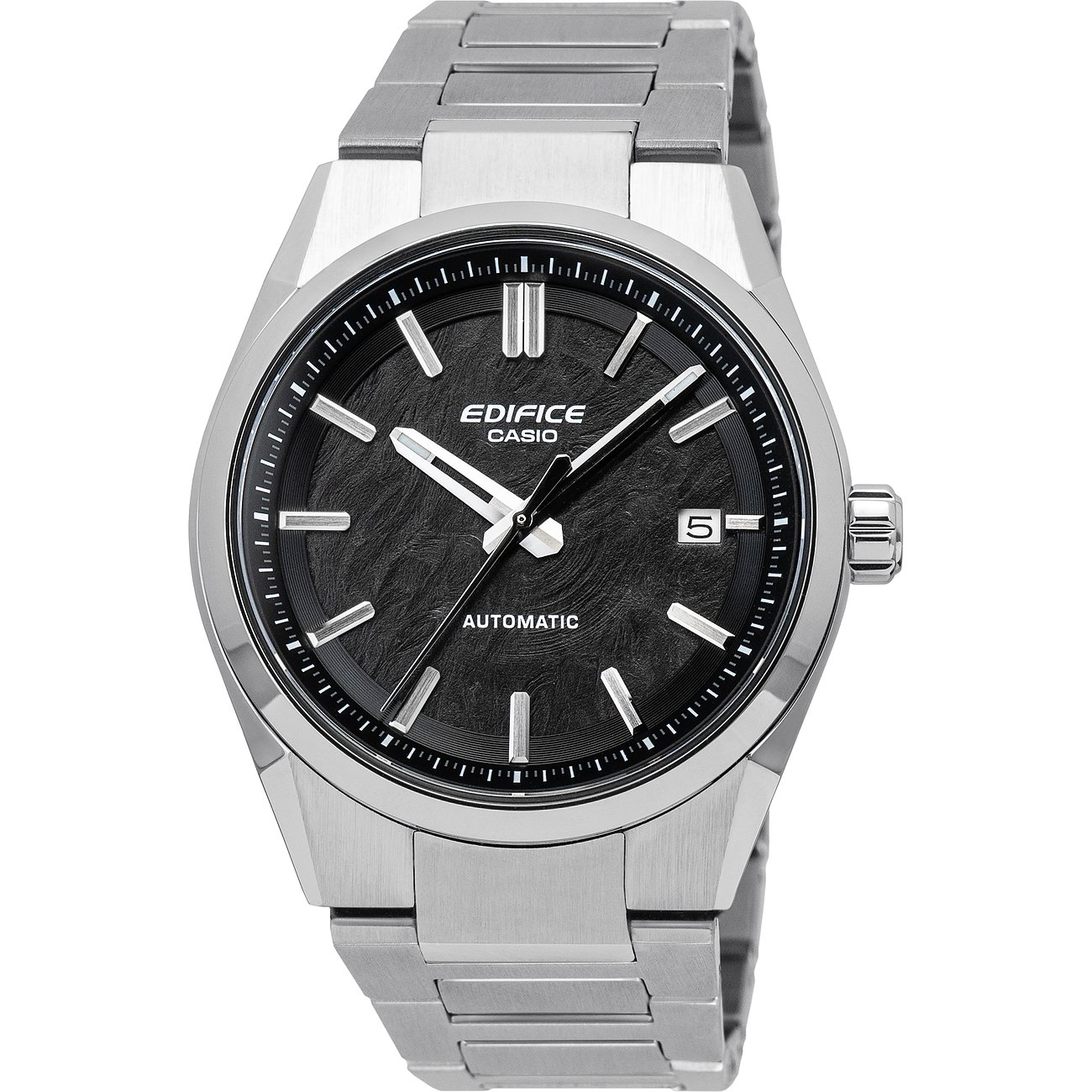 Eine Casio Herrenuhr aus Edelstahl mit einem dunklen Zifferblatt, silbernen Indizes und Zeigern.