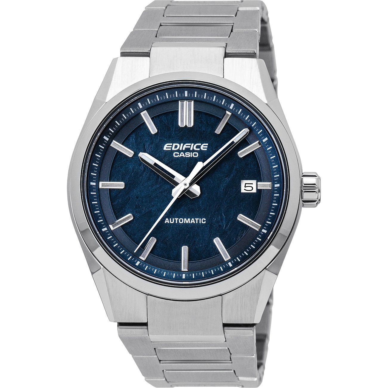 Casio Herrenuhr aus Edelstahl mit marineblauem Zifferblatt und silbernen Indizes, Datumsanzeige bei 3 Uhr.