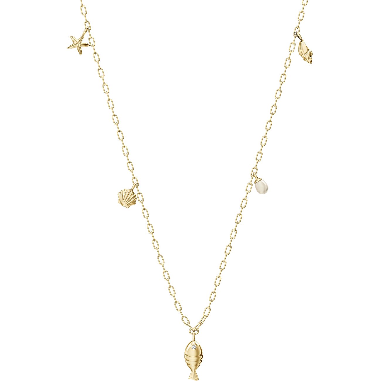 Fossil goldfarbene Metallkette mit Fisch-, Seestern- und Muschel-Anhängern sowie einer Perle.