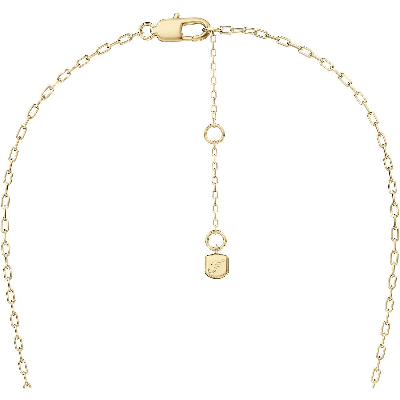 Nahaufnahme einer goldenen Fossil Halskette mit Karabinerverschluss und Verlängerungskette, die ein kleines, quadratisches Fossil Logo-Tag zeigt.