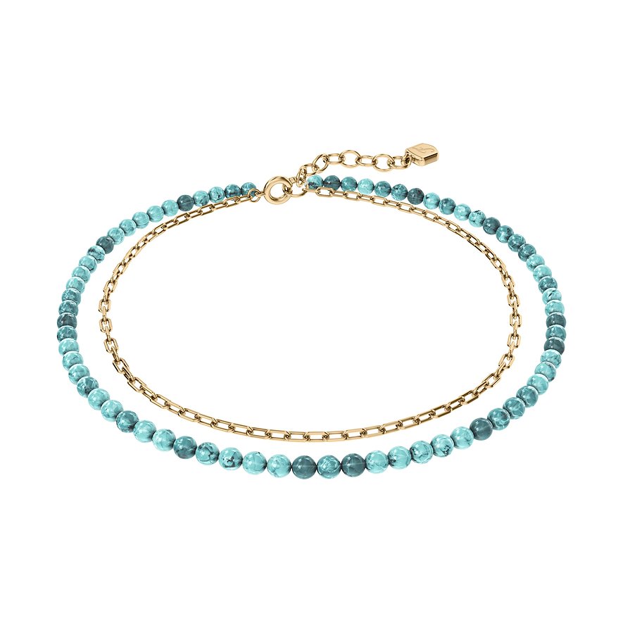 Bracciale Fossil: Due nastri gioiello, uno con perle di pietra turchese e l'altro con una catena color oro.