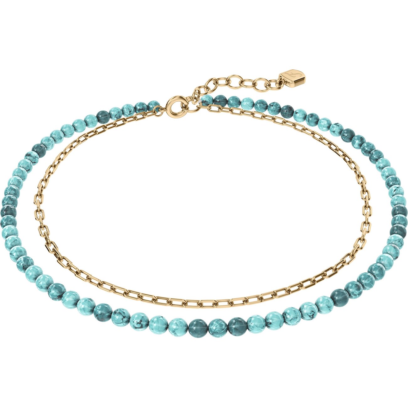 Bracciale Fossil: Due nastri gioiello, uno con perle di pietra turchese e l'altro con una catena color oro.