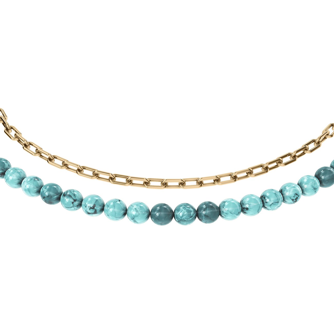 Gioiello Fossil in acciaio inossidabile e pietra colorata, con catena dorata e catena con sfere azzurro chiaro.