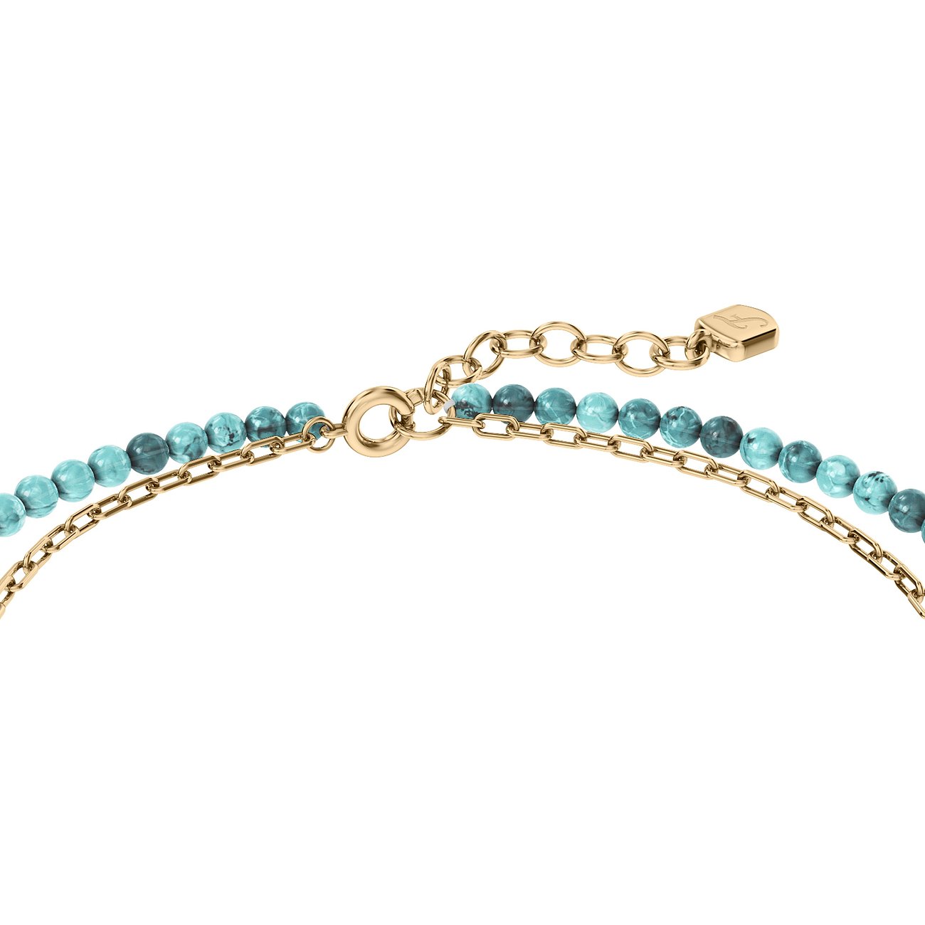 Collana Fossil in acciaio inossidabile color oro e pietre color acquamarina con catena di estensione.