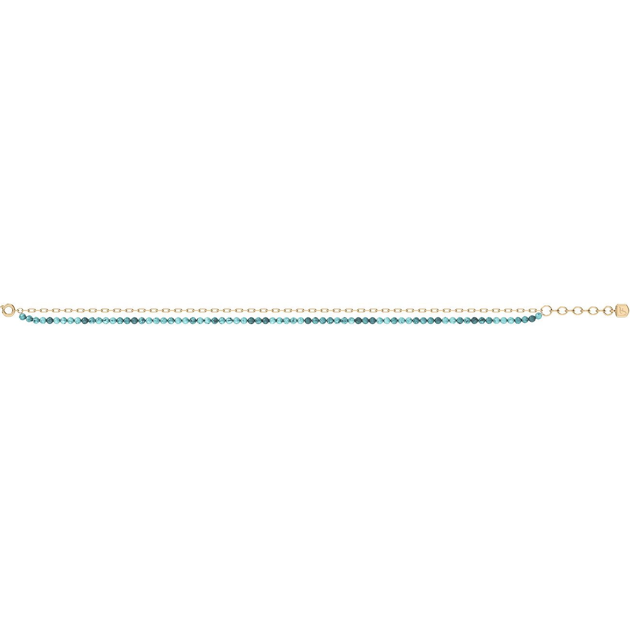 Un bracciale Fossil in acciaio inossidabile color oro con una fila di piccole pietre decorative turchesi.