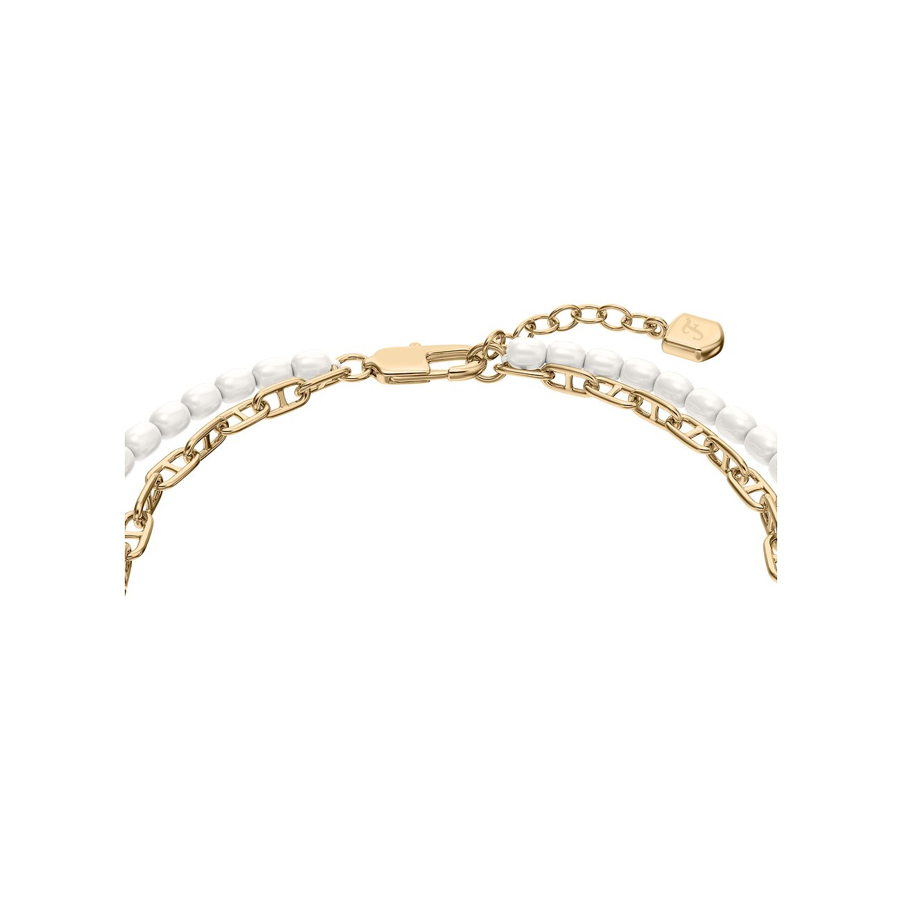 Fossilarmband i guldfärgad metall med vita pärlor och karbinhake, detaljvy.