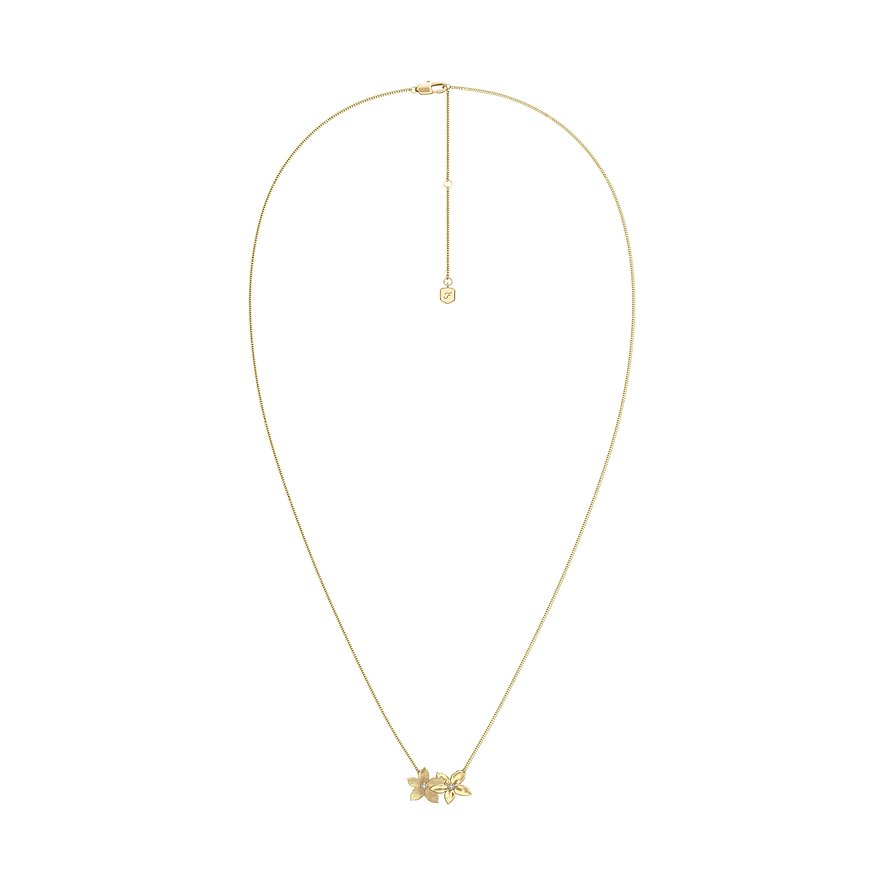 Fossil goldfarbene Kette aus Edelstahl mit einem Anhänger, der zwei kleine, filigrane Blumen darstellt.