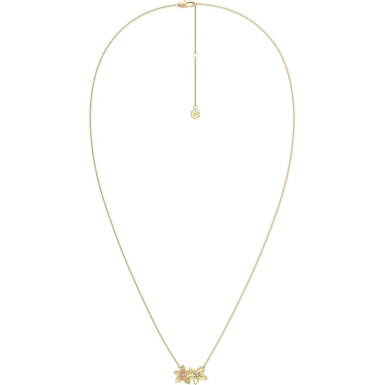 Fossil goldfarbene Kette aus Edelstahl mit einem Anhänger, der zwei kleine, filigrane Blumen darstellt.