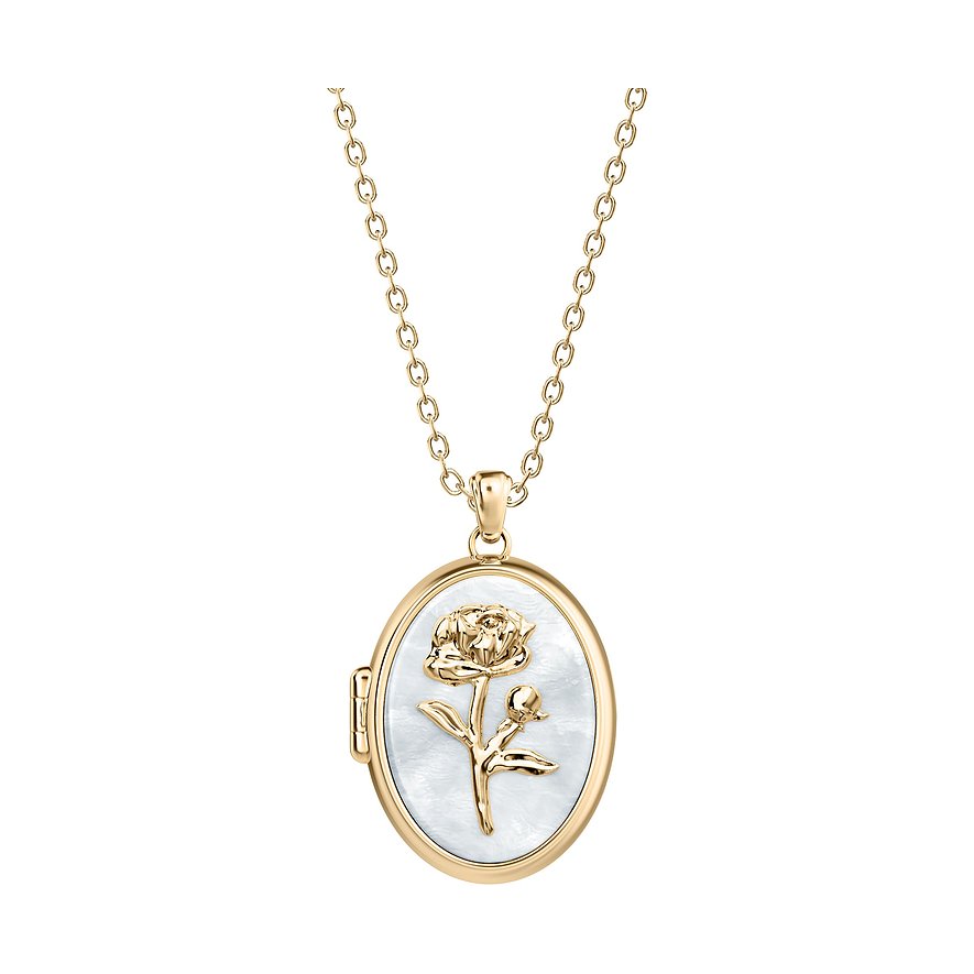 Fossil Halskette aus goldfarbenem Edelstahl mit ovalem Perlmutt-Medaillon und erhabener Rosenblüte.