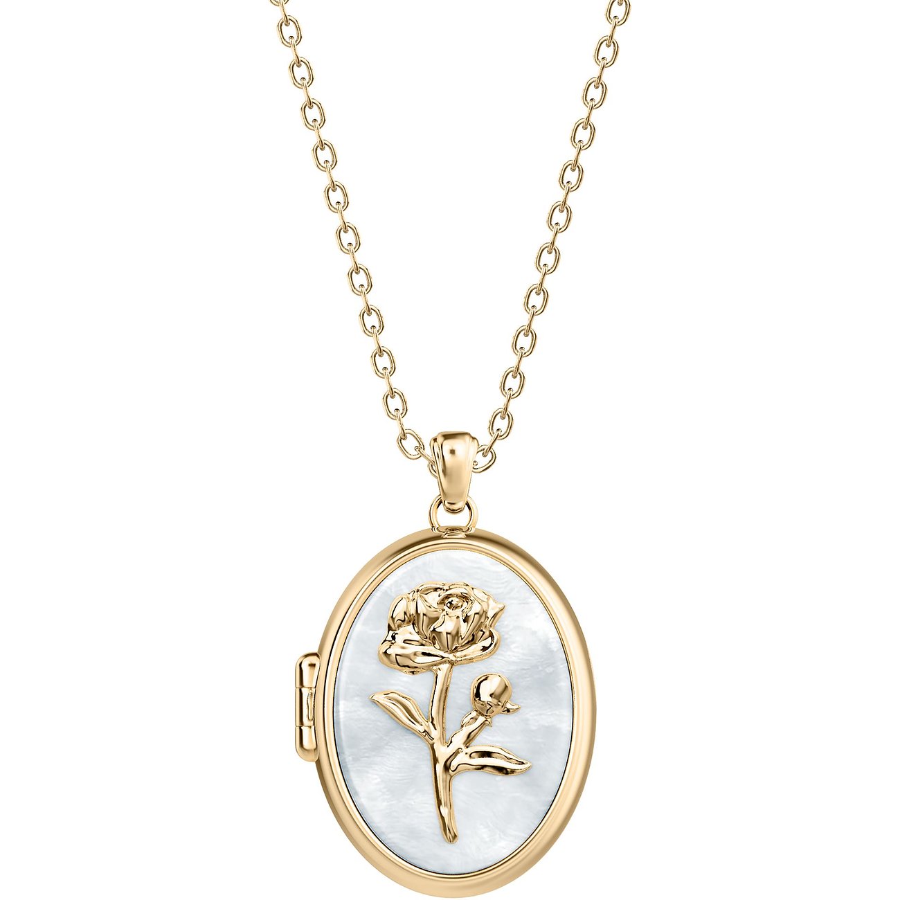Fossil Halskette aus goldfarbenem Edelstahl mit ovalem Perlmutt-Medaillon und erhabener Rosenblüte.