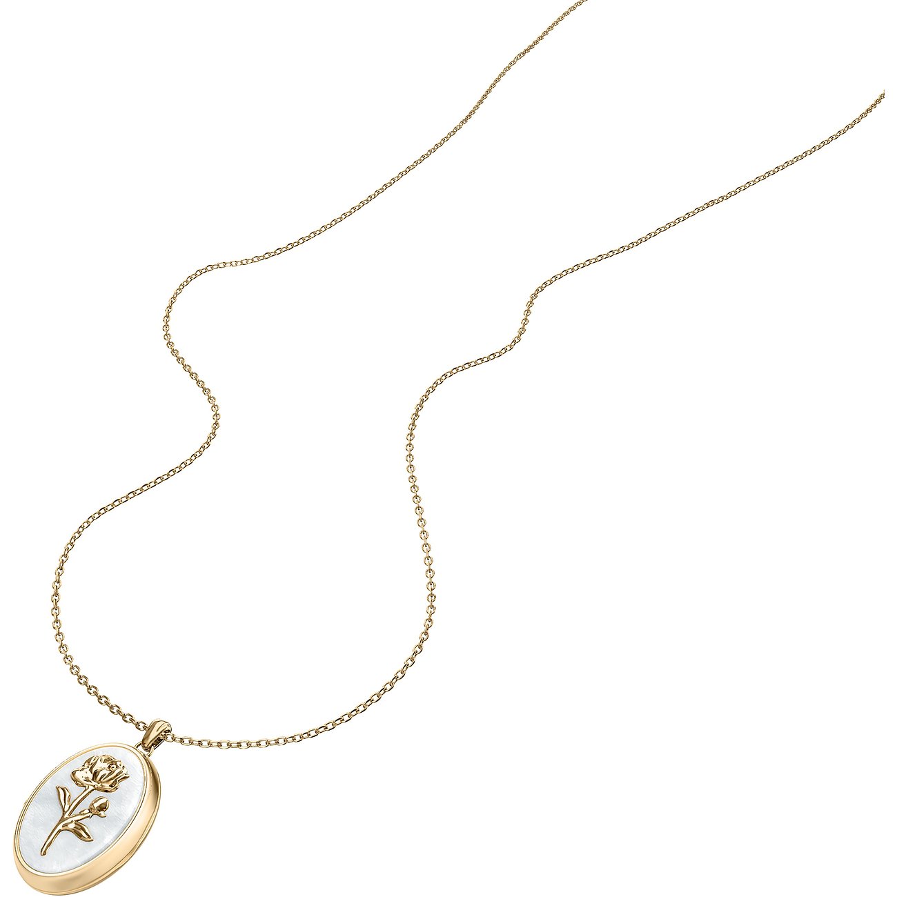 Fossil Halskette aus goldfarbenem Edelstahl mit ovalem Perlmutt-Anhänger, verziert mit einer gravierten Rose.