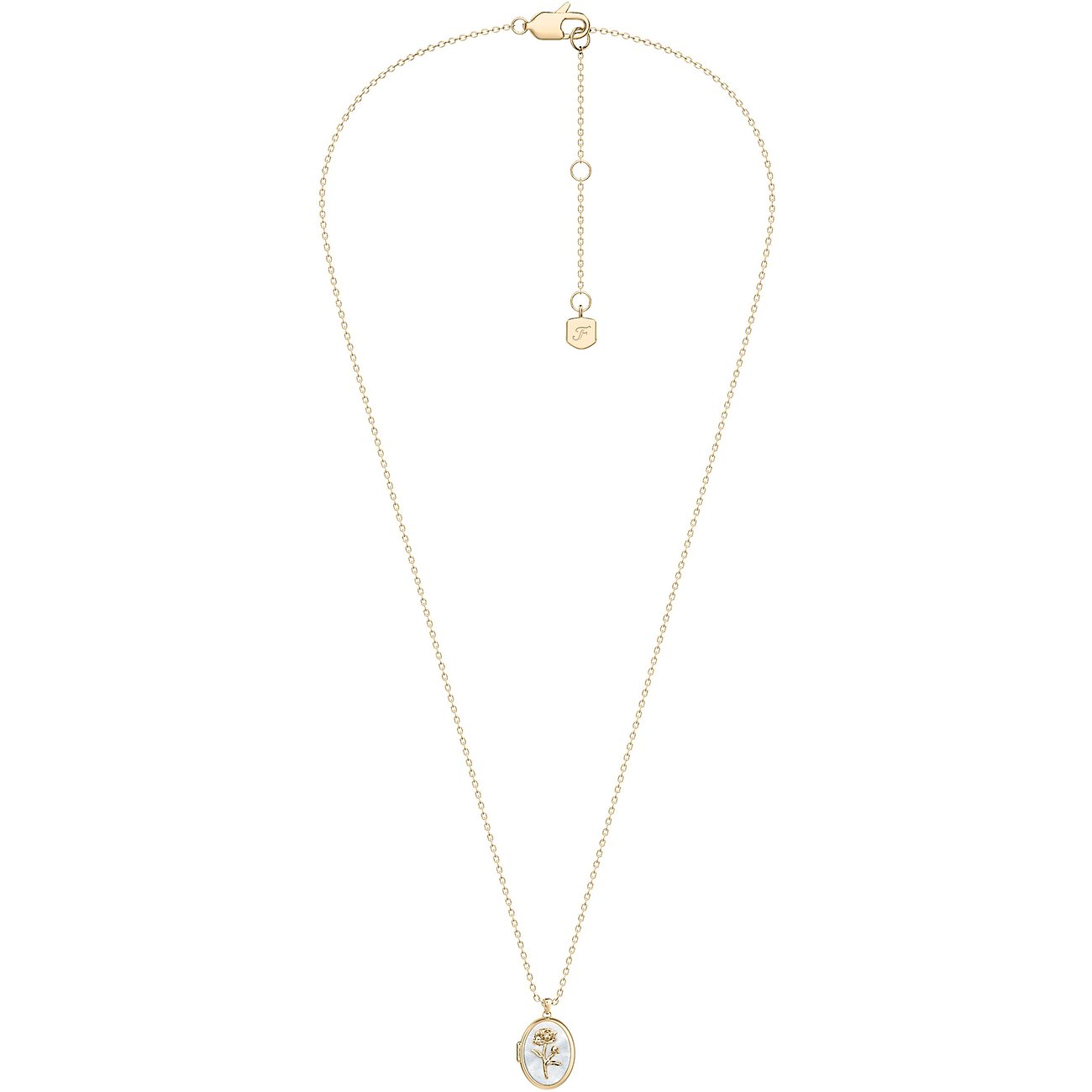 Fossil Collier aus Edelstahl mit einem kleinen, ovalen Perlmuttanhänger, der eine zarte Rose zeigt.