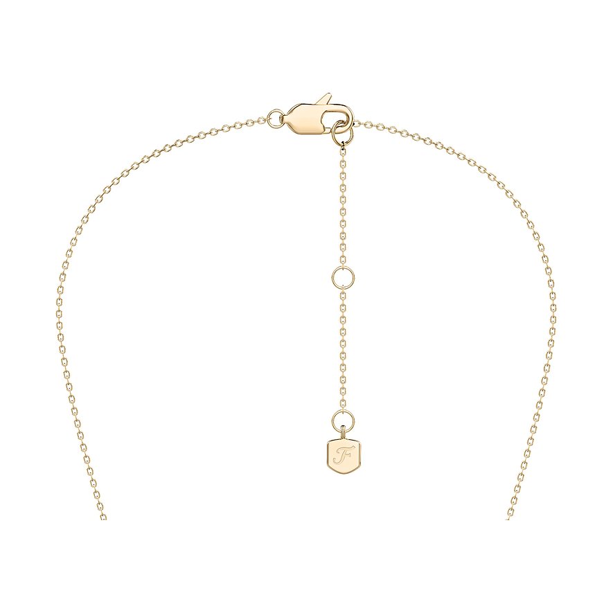 Rückseite einer Fossil Halskette aus goldfarbenem Edelstahl mit Karabinerverschluss und kleiner Plakette mit „F“-Logo.