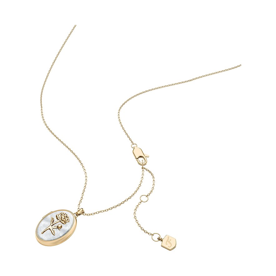 Fossil Halskette aus goldfarbenem Edelstahl mit ovalem Perlmutt-Anhänger und gravierter Rose.