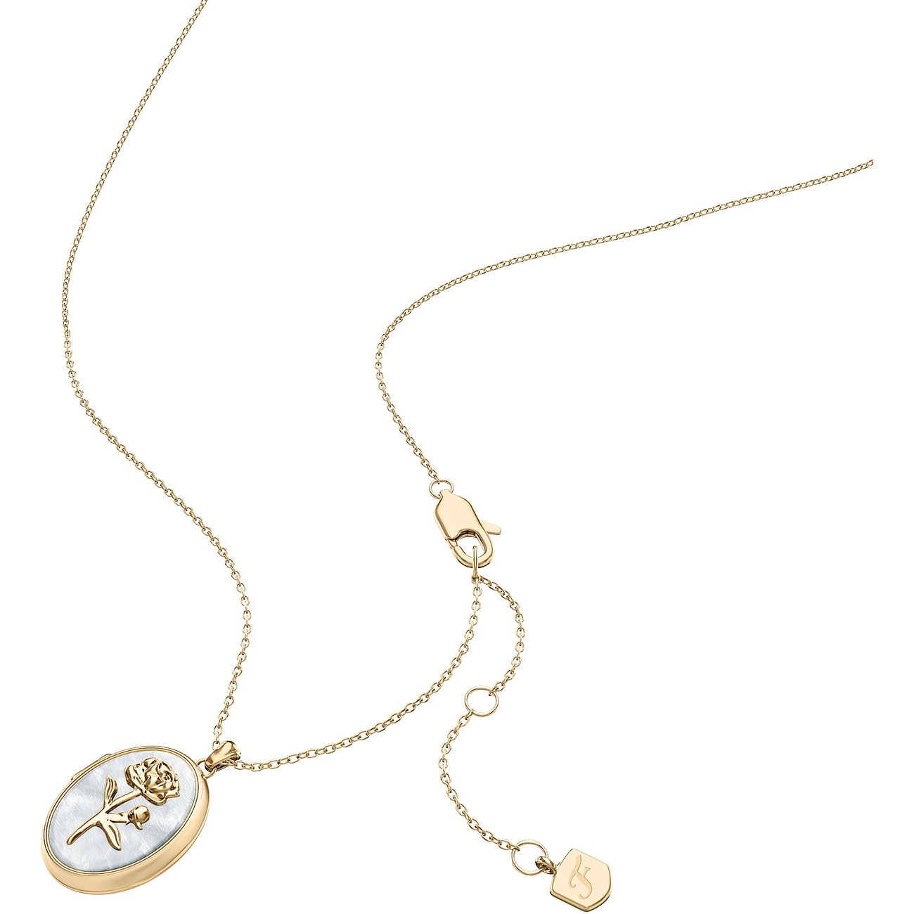 Fossil Halskette aus goldfarbenem Edelstahl mit ovalem Perlmutt-Anhänger und gravierter Rose.