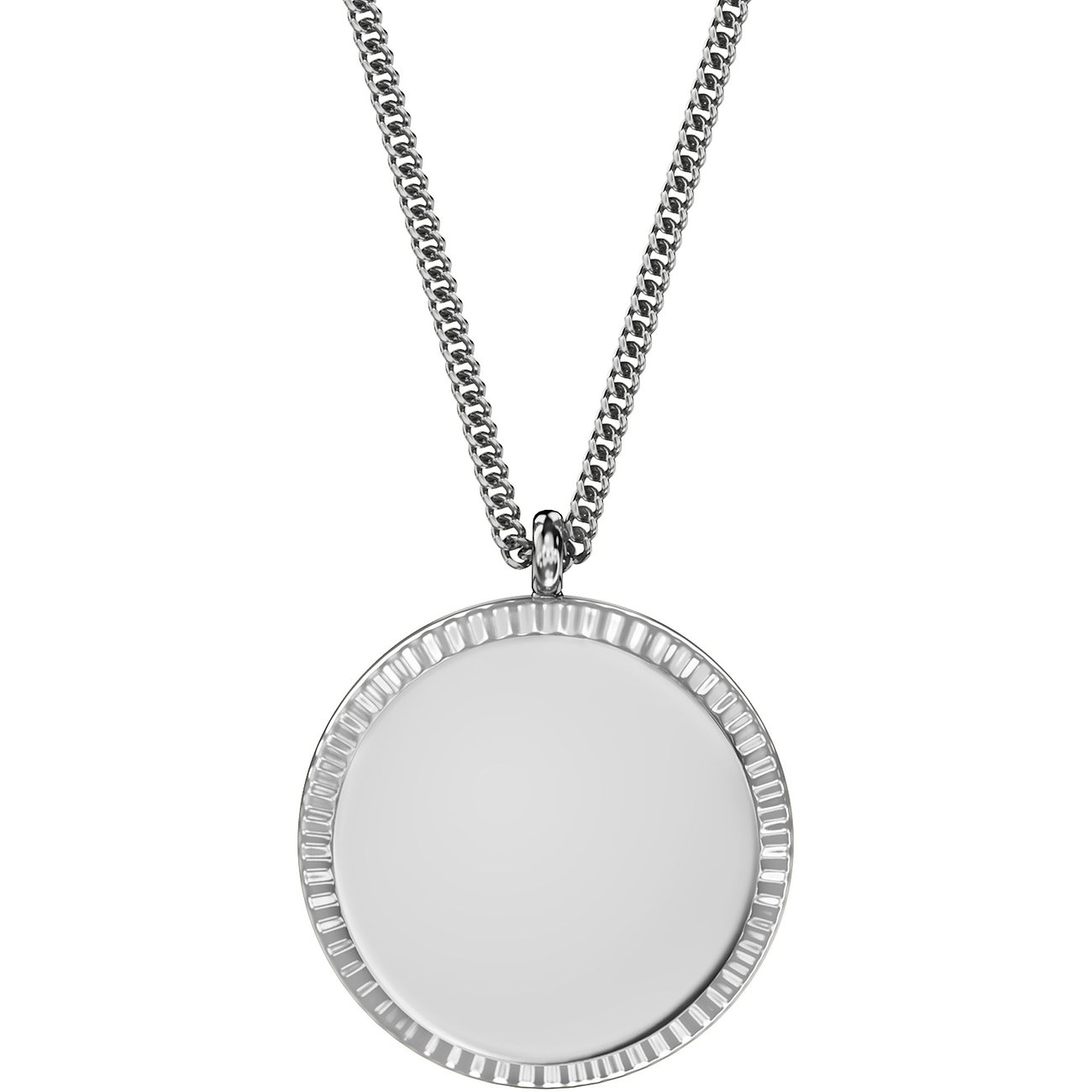 Collier Fossil en acier inoxydable, une chaîne argentée avec un pendentif rond et poli.