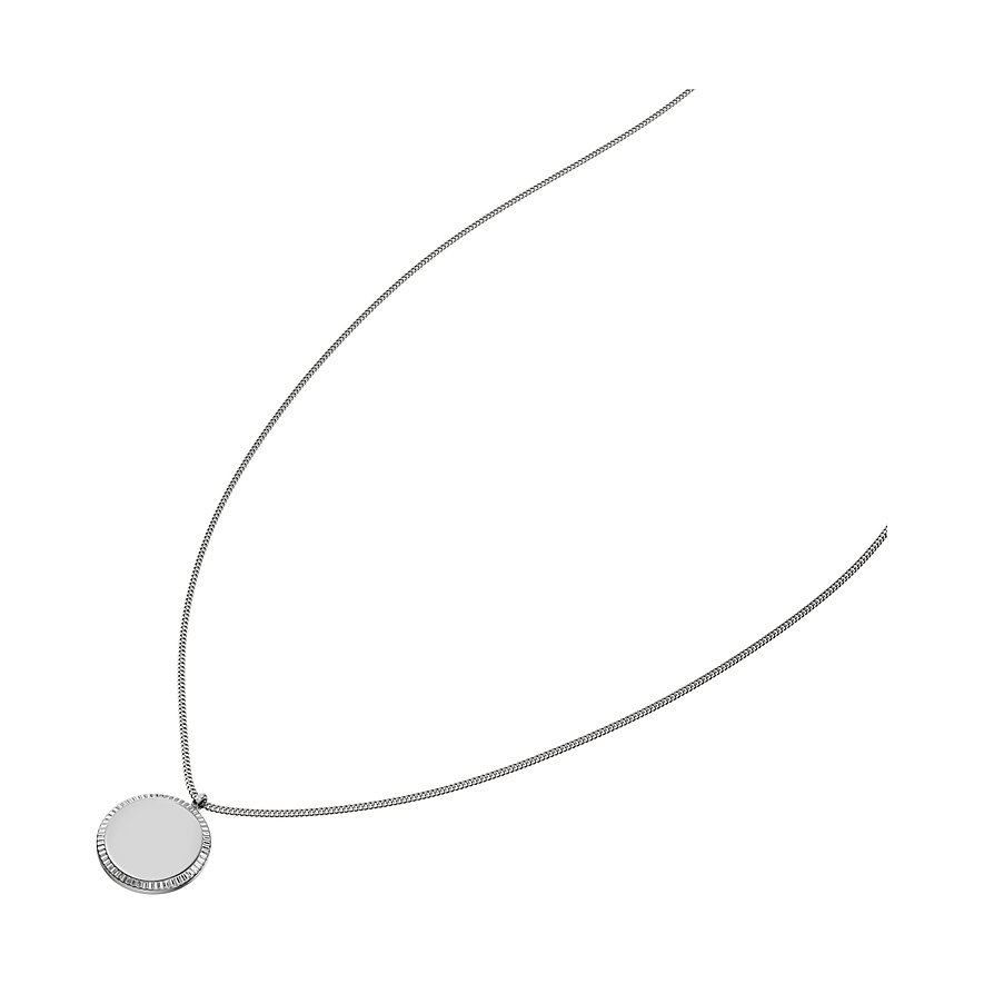 Collier Fossil en acier inoxydable brillant avec une plaque ronde gravable et un bord cannelé.