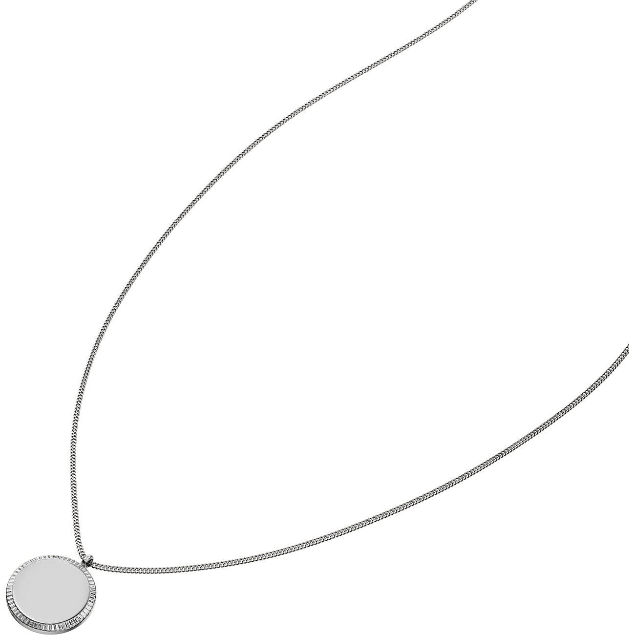 Collier Fossil en acier inoxydable brillant avec une plaque ronde gravable et un bord cannelé.