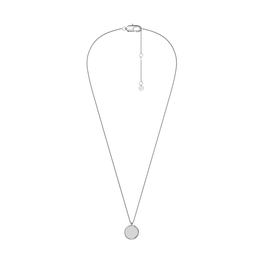 Collier Fossil en acier inoxydable brillant avec plaque pendentif ronde et fermoir de chaîne réglable.