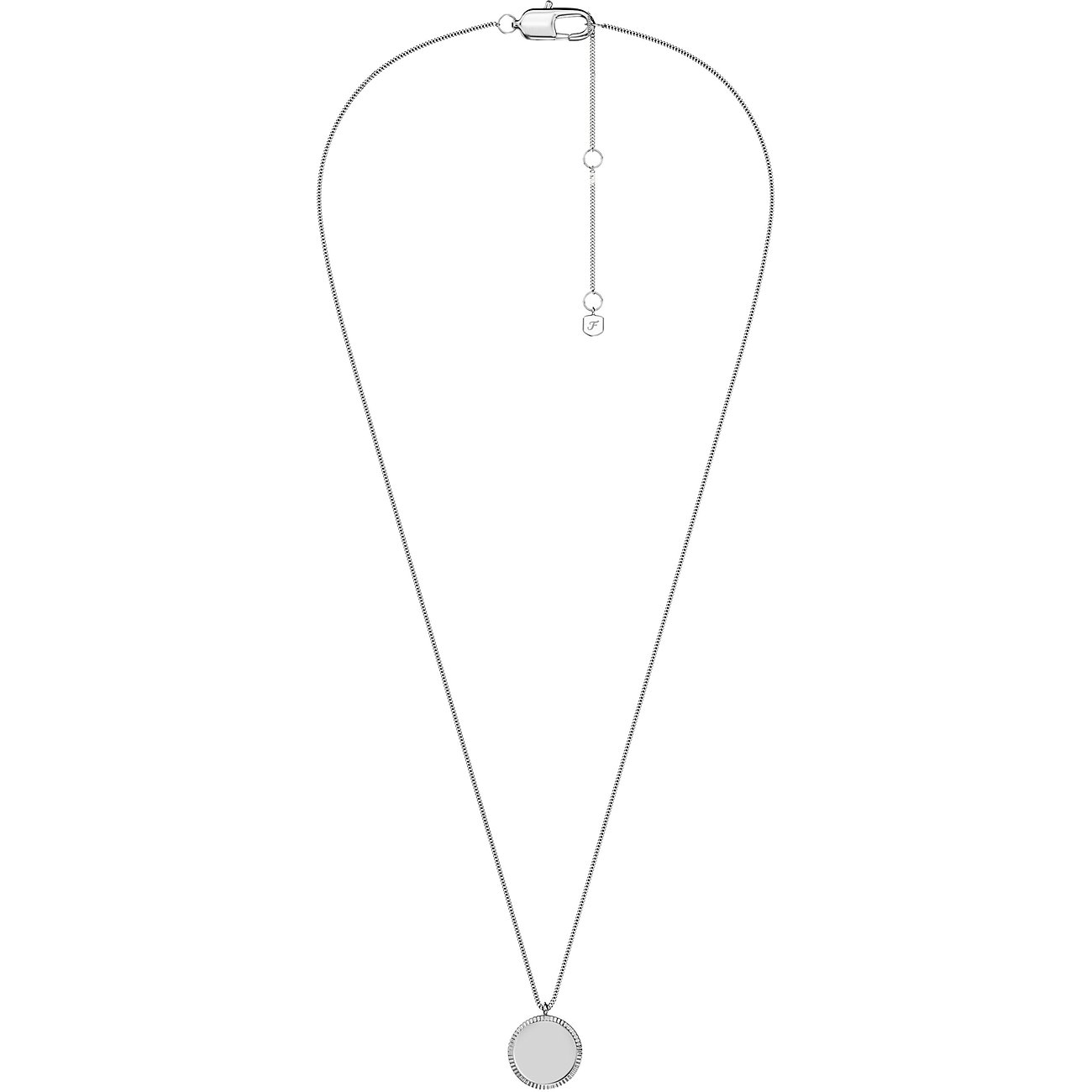 Collier Fossil en acier inoxydable brillant avec plaque pendentif ronde et fermoir de chaîne réglable.