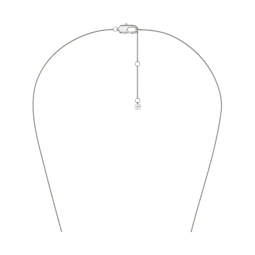 Vue arrière d'un collier Fossil en acier inoxydable avec chaîne d'extension et fermoir mousqueton.